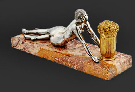 Silvered bronze French Art Deco naked girl on marble plinth