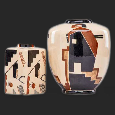 Two Art Deco Cubist vases, France, 1925-33; Glazed earthenware; Both signed T R LALLEMANT MADE IN FRANCE---7.5inches