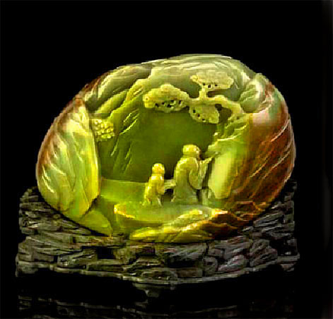 spinach and russet jade mountain group,-19th century--carved-in relief-with scholar painting