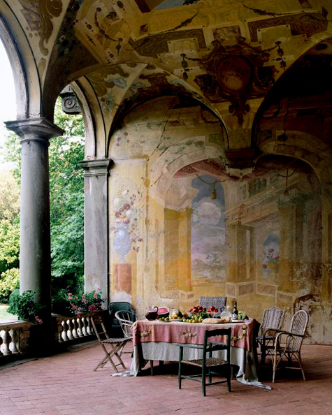 In Lucca, Italy, the loggia of the grand Villa Torrigiani boasts 17th-century frescoes