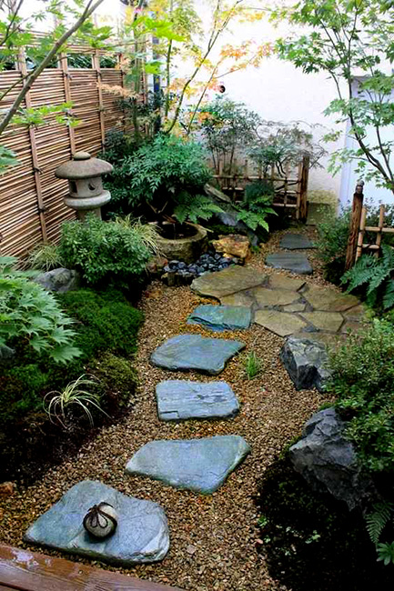 japanese garden with stone paving