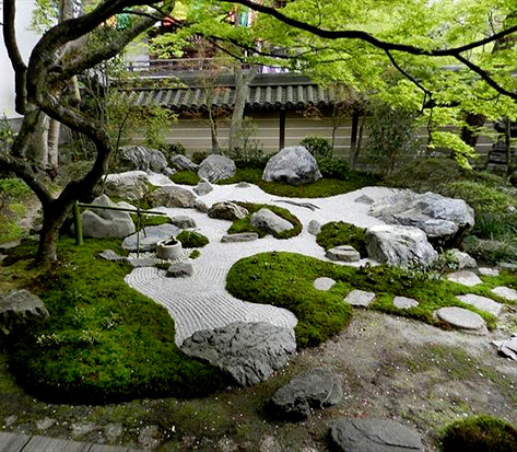 Traditional Zen garden featuring white sand, rocks and moss