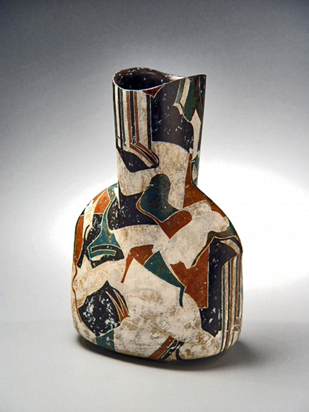 Torso-shaped vase with thin neck and green, black, brown matte patterned decoration--1992