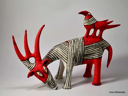 Red goat figurine ceramic handmade red animal sculpture original design Inna Olshansky