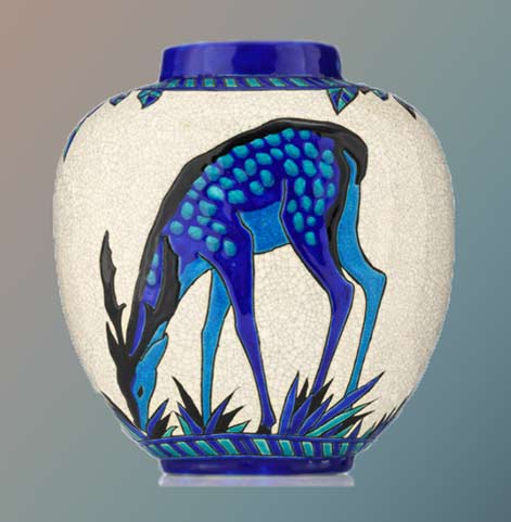 Art Deco crackled and polychrome decorated ceramic vase with eating deer Royal Boch Keramis atelier Catteau Carlo Bonte