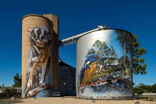 Jimmy DVate also painted theseJimmy DVate also painted these colourful GrainCorp silos in Rochester in Victoria