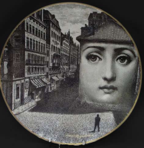 1980s Rosenthal ceramic CABINET PLATE with black white Fornasetti image