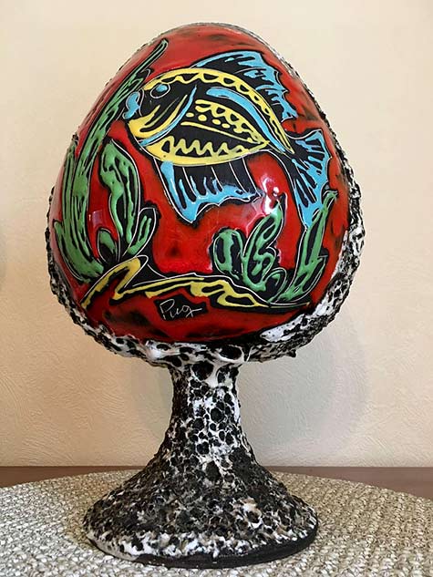 French-Foam-Glaze-Ceramic-Vase-Hand-Painted-Fish-Decor-1960s-Monaco-Signed-Pugi-
