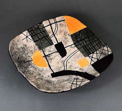Dish-with-Harbour-Scene-circa-1990-Stoneware-off-white-slip-over-a-textured-surface-with-black-grey-and-yellow-painted-and-incised-Jojhn-Maltby