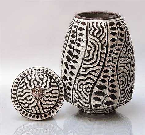Ron Mello Lidded ceramic sgrafitto vessel 