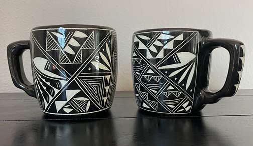 ceramic mugs etched and painted by hand in traditional designs by Acoma Pueblo Potter Diedra Romero