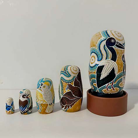 5 hand painted nesting doll birds created by Aboriginal artist Leah Brown.River Nesting 