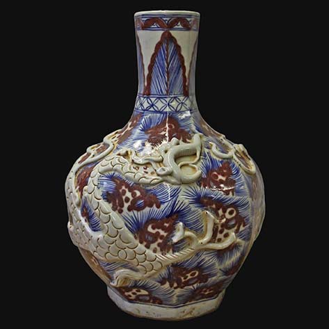 Chinese Handmade Ceramic Red Blue White Dimensional Dragon Vase