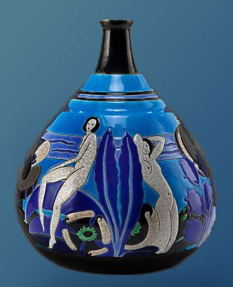 Longwy Figural Ceramic Vase, Longwy France Circa 1930