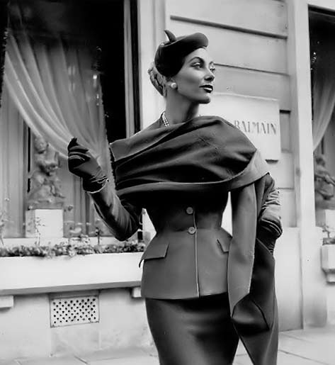 Geneviève in grey flannel suit with matching stole by Pierre Balmain, photo by Georges Saad, Paris, 1953