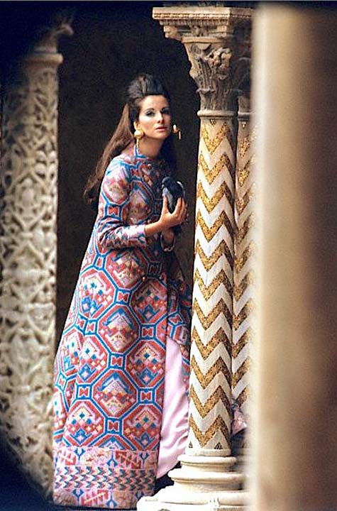 Model inModel in Valentino evening coat, photographed by Henry Clarke in Sicily, Italy, 1967