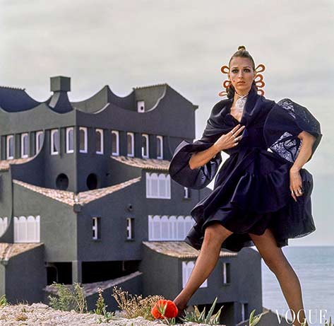 model wearing a Bill Blass silk organza dress at the Xanadu complex in Calpe Spain Vogue, 1969 photo Henry Clarke