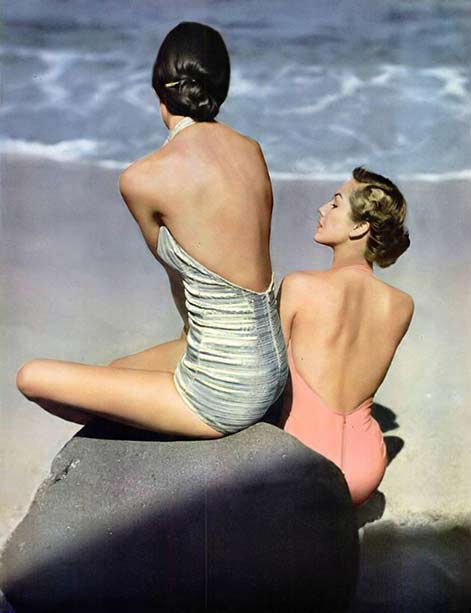 Model in gold swimsuit interwoven with Lastex is by Mabs of Hollywood, model in pink suit is by Gantner, 1948