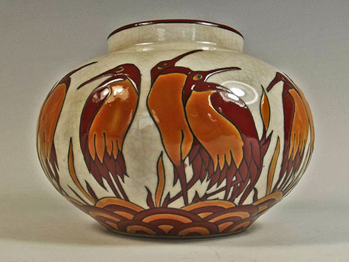 Bulbous french art deco porcelain red & orange stork vase