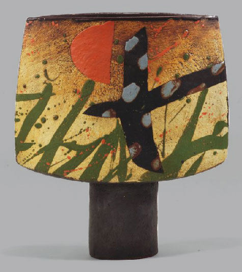 JOHN MALTBY large stoneware spade vase, stylised landscape decoration with bird flying