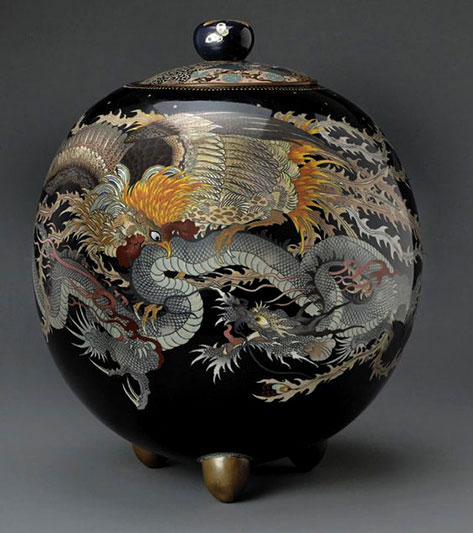large-cloisonné-enamel-jar-and-cover-Meiji-period-The-slightly-faceted-sides-of-the-globular-body-decorated-with-battling-phoenix-and-dragon